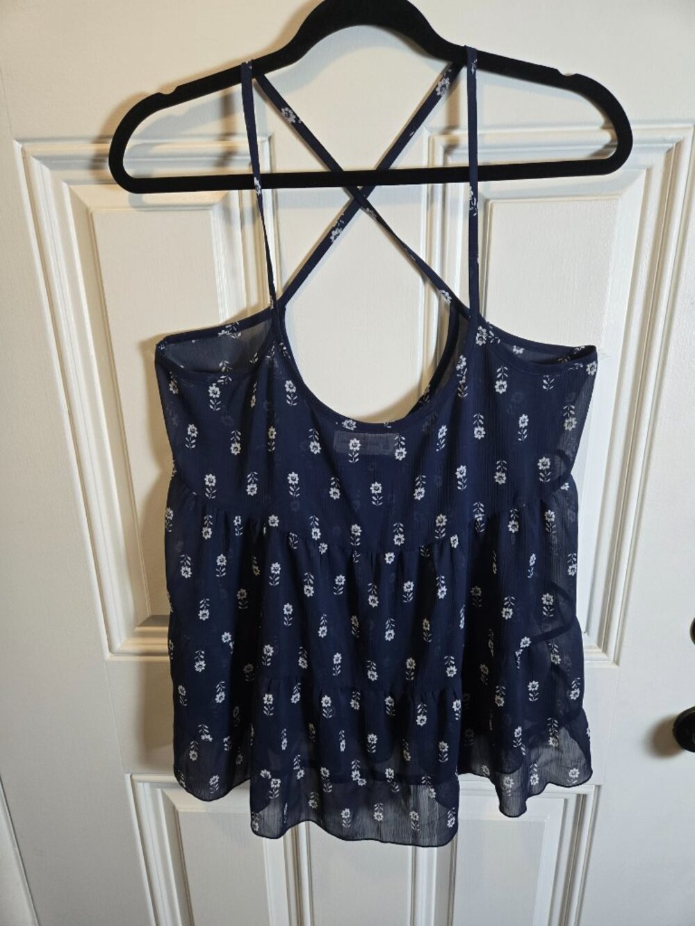 Abercrombie & Fitch Floral Tiered Tank Top Small Navy Blue Criss Cross Back Boho - Picture 5 of 9